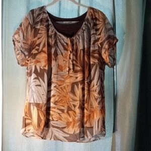 It's A Bundle!  Brown Leaf Print  Blouse, Brown Dress Barn Tank Underneath